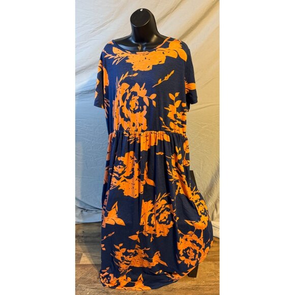 Nemidor Womens Plus Size 24 24W 3X Long Maxi Dress Navy Coral Floral Pockets - Picture 1 of 3